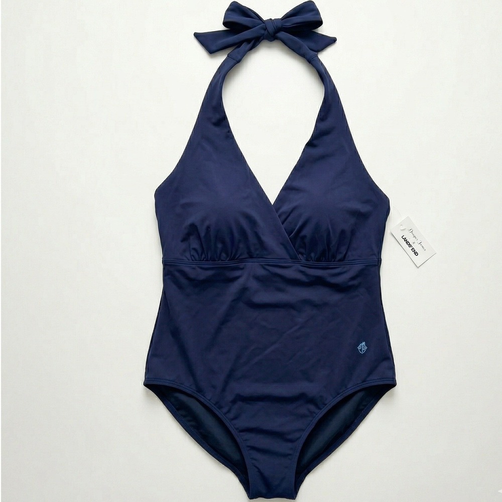 DRAPER JAMES x LANDS END Navy Blue Halter One Piece Swimsuit 18W NWT $115 - Picture 2 of 4